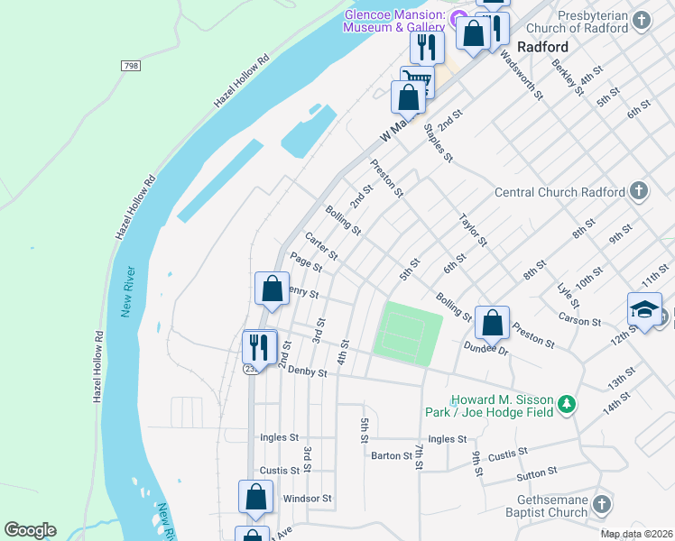 map of restaurants, bars, coffee shops, grocery stores, and more near 1362 3rd Street in Radford