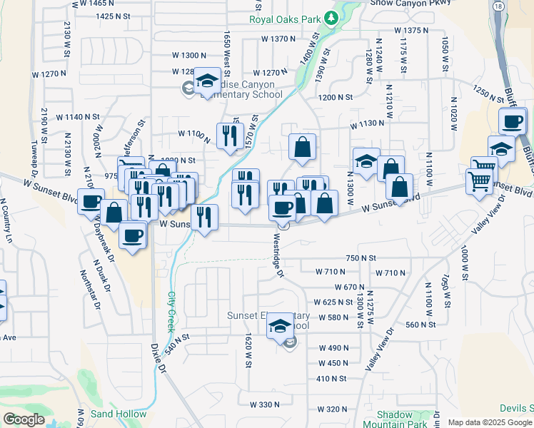 map of restaurants, bars, coffee shops, grocery stores, and more near 1564 West Sunset Boulevard in St. George
