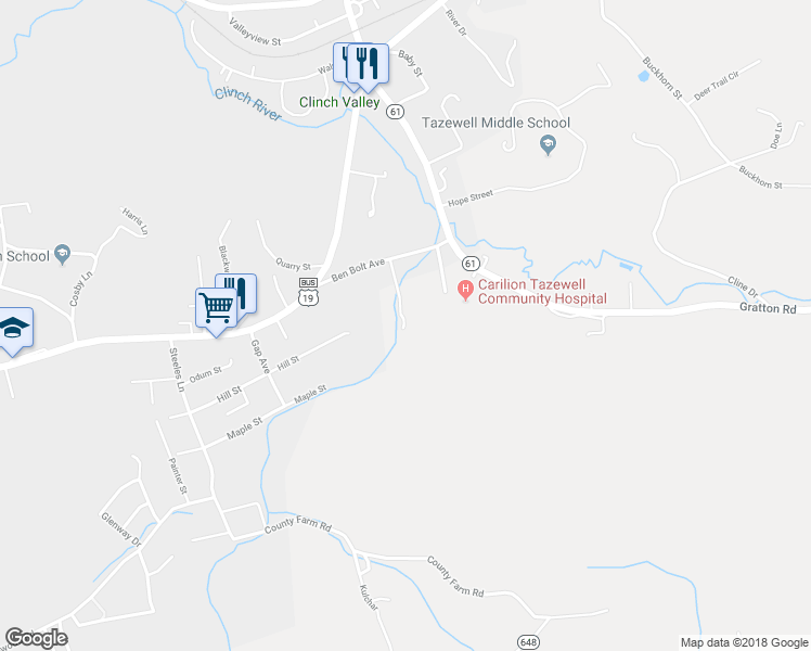 map of restaurants, bars, coffee shops, grocery stores, and more near 121 Ben Bolt Avenue in Tazewell