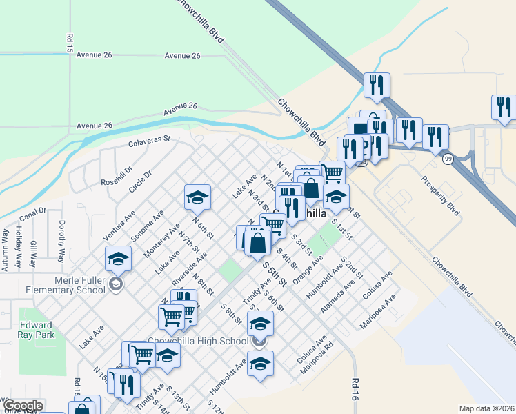 map of restaurants, bars, coffee shops, grocery stores, and more near 260 North 3rd Street in Chowchilla