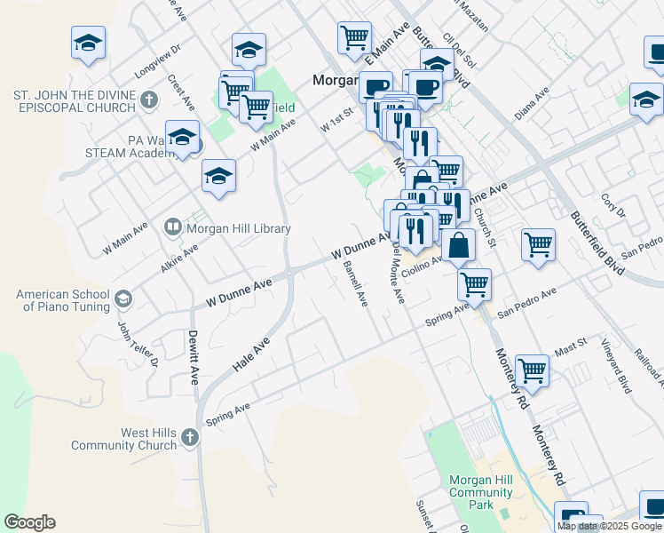 map of restaurants, bars, coffee shops, grocery stores, and more near 16983 Barnell Avenue in Morgan Hill