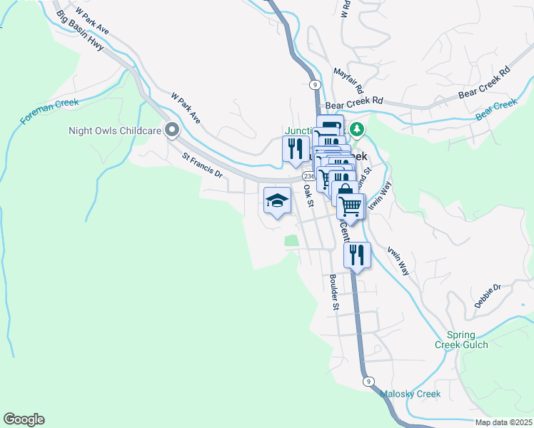 map of restaurants, bars, coffee shops, grocery stores, and more near 400 West Lomond Street in Boulder Creek
