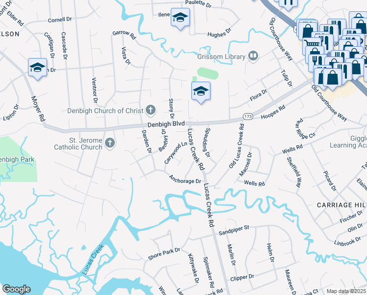 map of restaurants, bars, coffee shops, grocery stores, and more near 703 Carywood Lane in Newport News