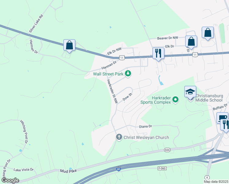 map of restaurants, bars, coffee shops, grocery stores, and more near 1399 Dow Street in Christiansburg