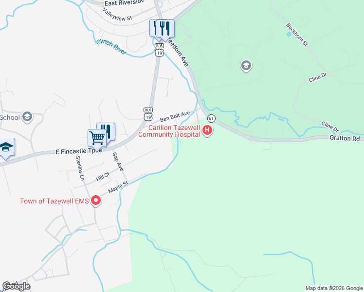 map of restaurants, bars, coffee shops, grocery stores, and more near 121 Ben Bolt Avenue in Tazewell