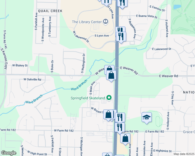 map of restaurants, bars, coffee shops, grocery stores, and more near 582 West Farm Road 178 in Springfield