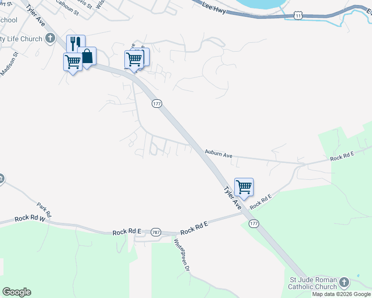 map of restaurants, bars, coffee shops, grocery stores, and more near 756 Auburn Avenue in Radford