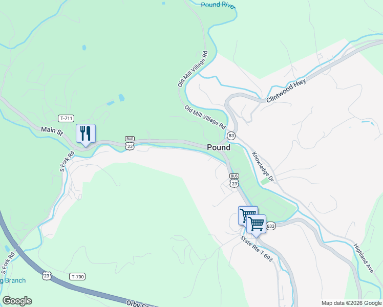 map of restaurants, bars, coffee shops, grocery stores, and more near 8293-8493 State Route T-749 in Pound