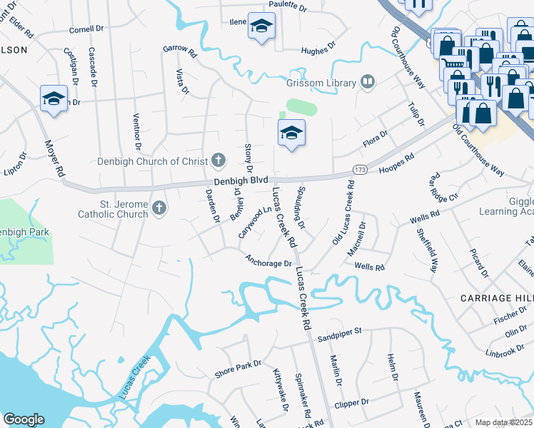 map of restaurants, bars, coffee shops, grocery stores, and more near 703 Carywood Lane in Newport News