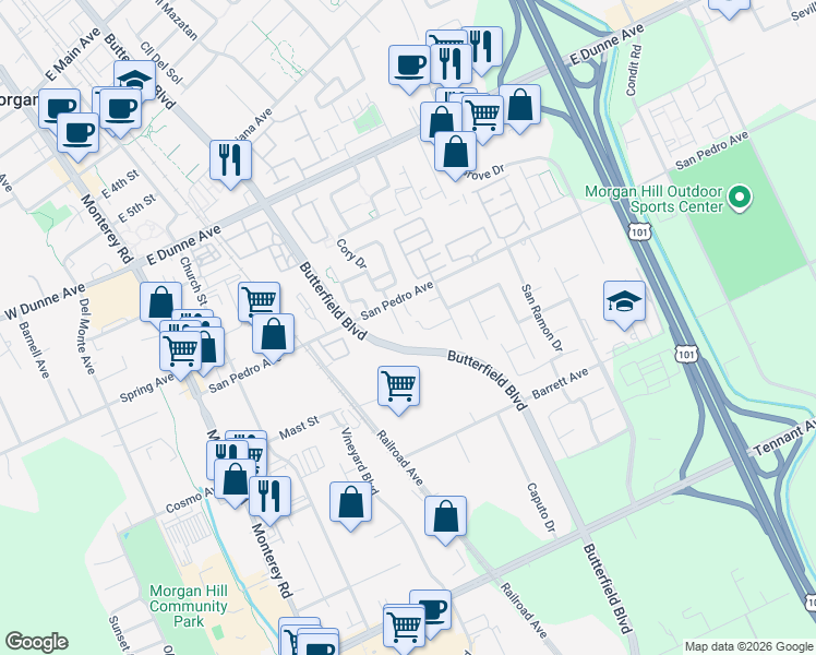 map of restaurants, bars, coffee shops, grocery stores, and more near 16640 Cory Lane in Morgan Hill