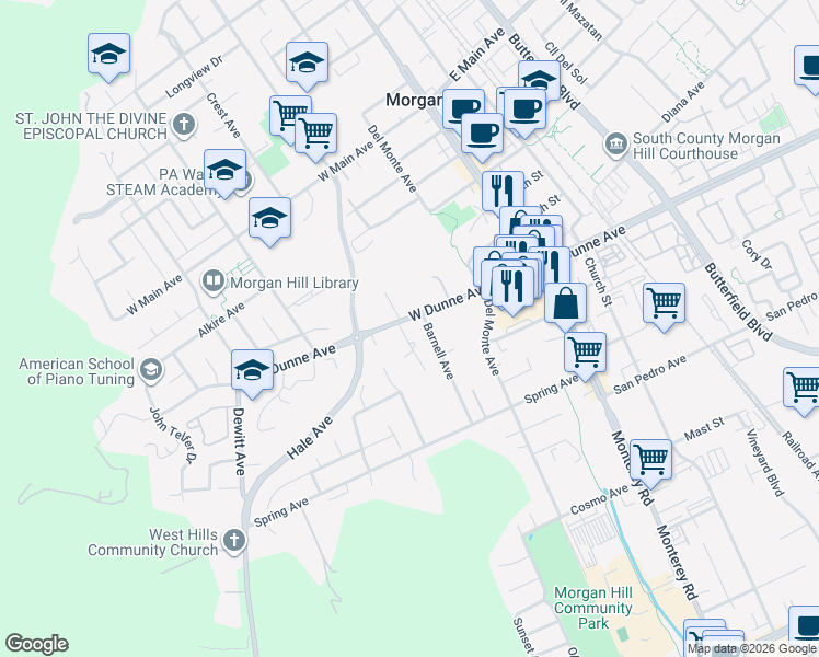 map of restaurants, bars, coffee shops, grocery stores, and more near 250 West Dunne Avenue in Morgan Hill
