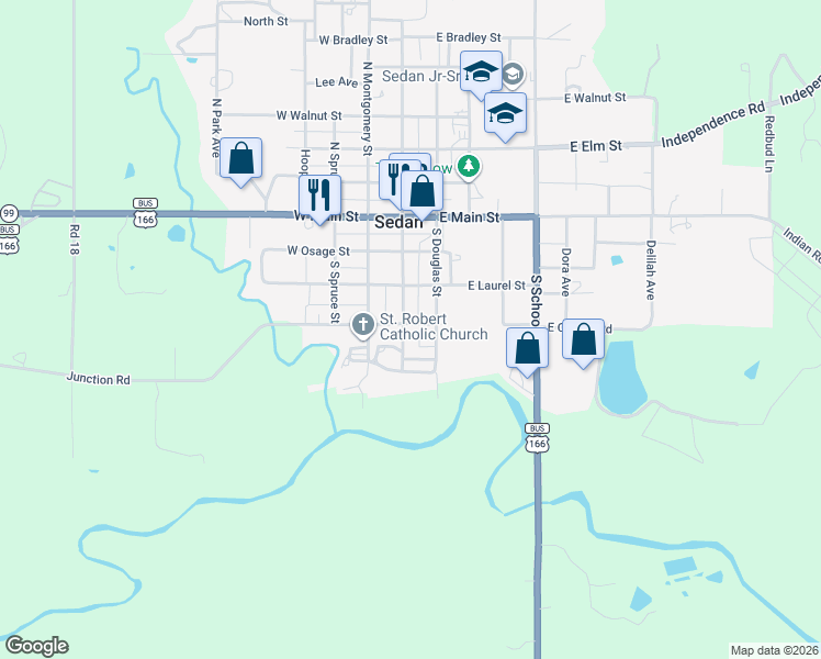 map of restaurants, bars, coffee shops, grocery stores, and more near 101 East County Road in Sedan