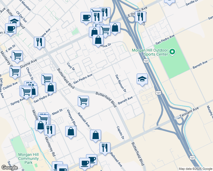 map of restaurants, bars, coffee shops, grocery stores, and more near 16626 San Gabriel Court in Morgan Hill