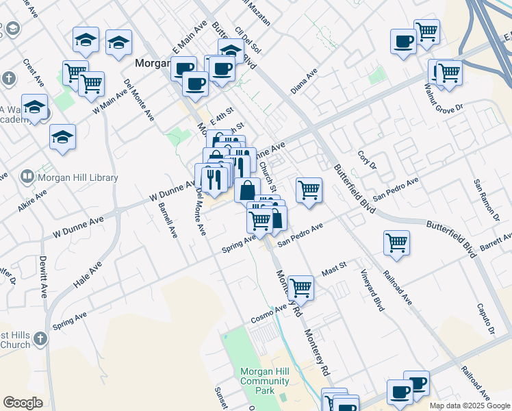 map of restaurants, bars, coffee shops, grocery stores, and more near 16840 Monterey Road in Morgan Hill