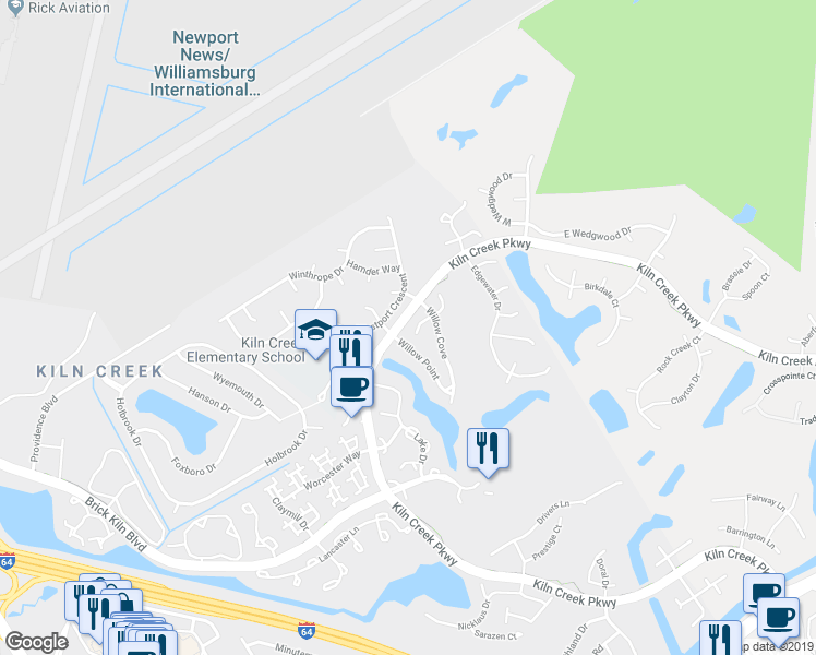 map of restaurants, bars, coffee shops, grocery stores, and more near 717 West Willow Point Place in Newport News