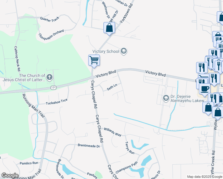 map of restaurants, bars, coffee shops, grocery stores, and more near 106 Seth Lane in Yorktown