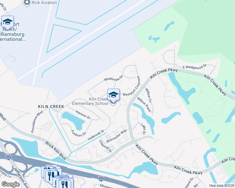 map of restaurants, bars, coffee shops, grocery stores, and more near 1506 Westport Crescent in Newport News