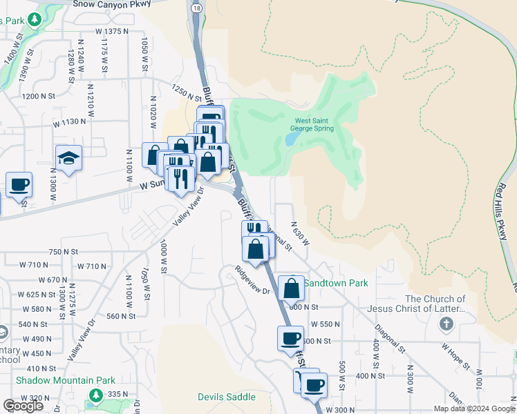 map of restaurants, bars, coffee shops, grocery stores, and more near 776 Diagonal Street in St. George