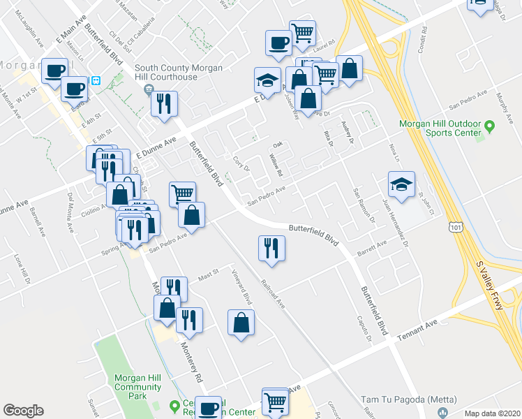map of restaurants, bars, coffee shops, grocery stores, and more near 380 San Pedro Avenue in Morgan Hill