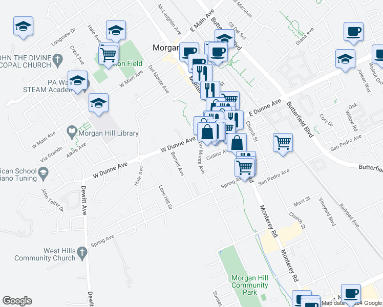 map of restaurants, bars, coffee shops, grocery stores, and more near 16985 Del Monte Avenue in Morgan Hill