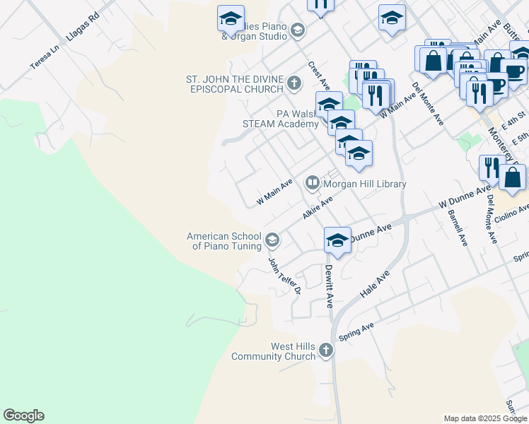 map of restaurants, bars, coffee shops, grocery stores, and more near 890 West Main Avenue in Morgan Hill