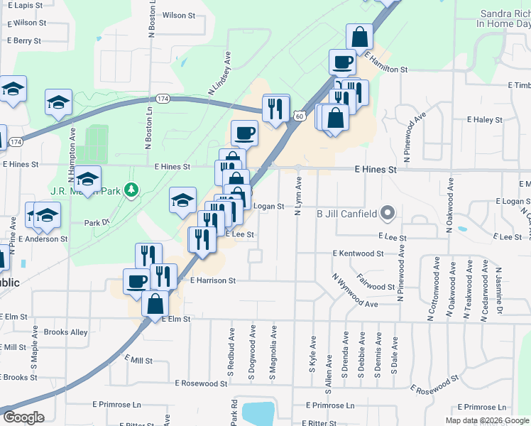 map of restaurants, bars, coffee shops, grocery stores, and more near 920 East Logan Street in Republic