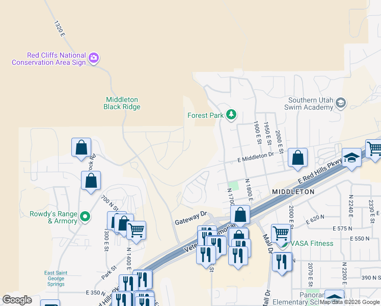 map of restaurants, bars, coffee shops, grocery stores, and more near Grand Heights Drive in St. George