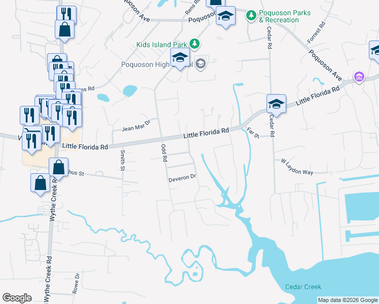 map of restaurants, bars, coffee shops, grocery stores, and more near 9 Robert Bruce Road in Poquoson