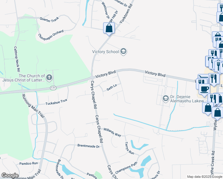 map of restaurants, bars, coffee shops, grocery stores, and more near 106 Seth Lane in Yorktown