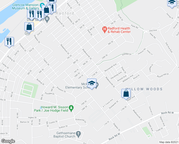 map of restaurants, bars, coffee shops, grocery stores, and more near 614 10th Street in Radford