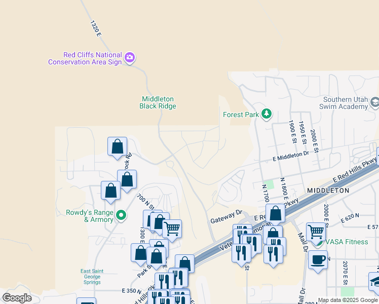 map of restaurants, bars, coffee shops, grocery stores, and more near Grand Heights Drive in St. George