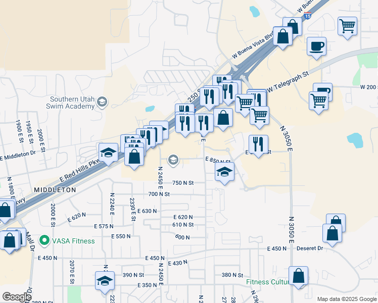 map of restaurants, bars, coffee shops, grocery stores, and more near 2654 Red Cliffs Drive in St. George