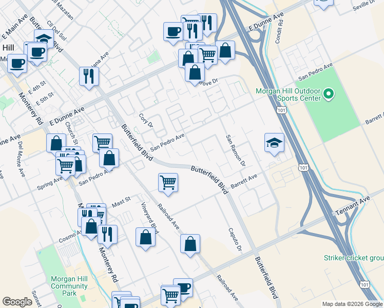 map of restaurants, bars, coffee shops, grocery stores, and more near 580 San Pablo Court in Morgan Hill