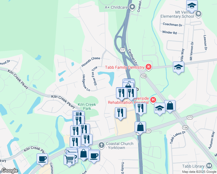 map of restaurants, bars, coffee shops, grocery stores, and more near 210 Hedgerow Lane in Yorktown