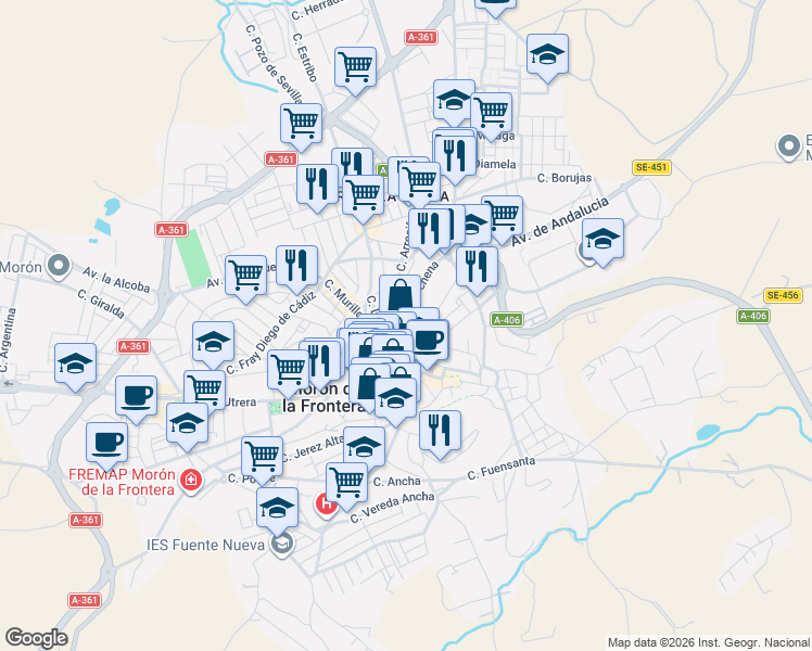 map of restaurants, bars, coffee shops, grocery stores, and more near 24 Calle Luis Daoiz in Morón de la Frontera