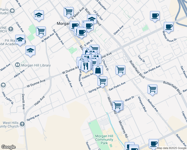 map of restaurants, bars, coffee shops, grocery stores, and more near 20 Ciolino Avenue in Morgan Hill