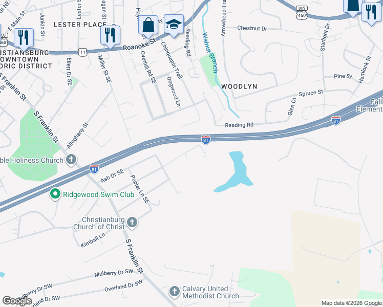 map of restaurants, bars, coffee shops, grocery stores, and more near 445 Maple Drive Southeast in Christiansburg