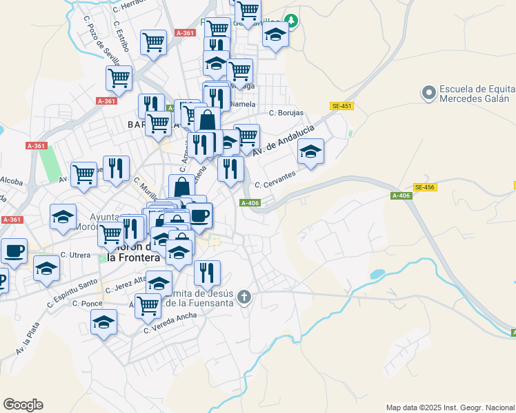 map of restaurants, bars, coffee shops, grocery stores, and more near 2 Calle Romero Ressendi in Morón de la Frontera