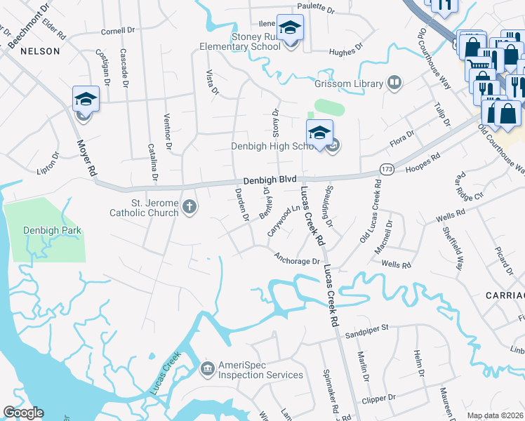 map of restaurants, bars, coffee shops, grocery stores, and more near 209 Bentley Drive in Newport News