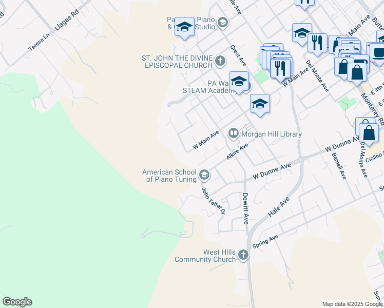 map of restaurants, bars, coffee shops, grocery stores, and more near 890 W Main Ave in Morgan Hill
