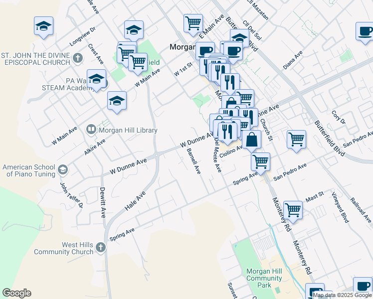 map of restaurants, bars, coffee shops, grocery stores, and more near 16989 Barnell Avenue in Morgan Hill