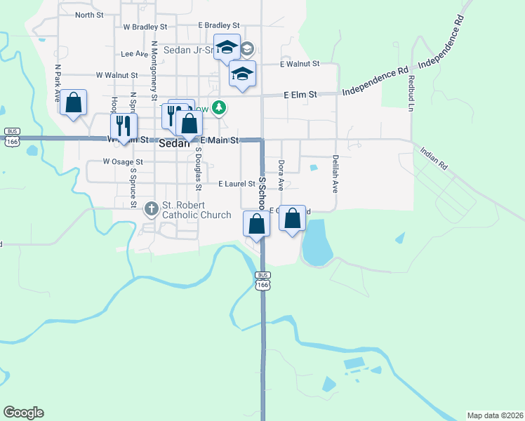 map of restaurants, bars, coffee shops, grocery stores, and more near East County Road in Sedan