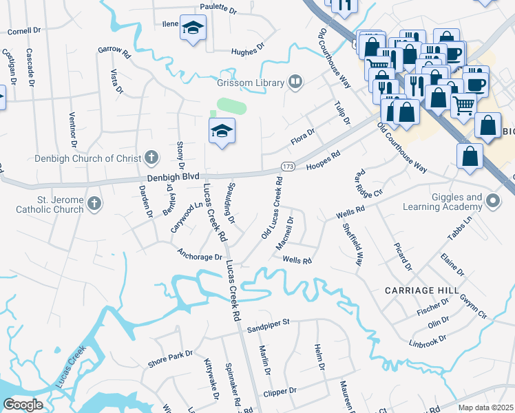 map of restaurants, bars, coffee shops, grocery stores, and more near 799 Selkirk Drive in Newport News