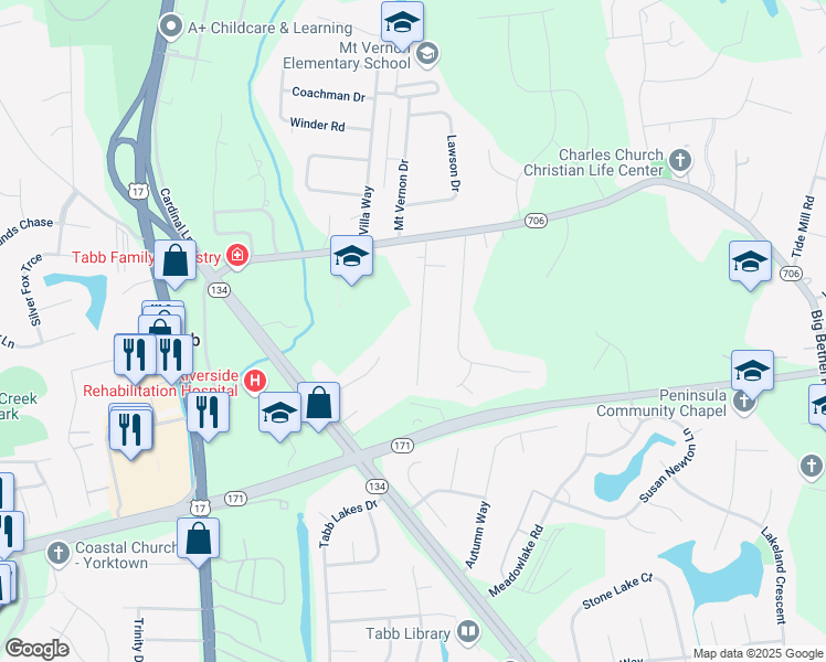 map of restaurants, bars, coffee shops, grocery stores, and more near 200 Greenland Drive in Yorktown