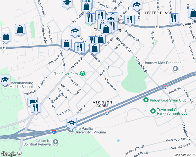 map of restaurants, bars, coffee shops, grocery stores, and more near 404 3rd Street Southwest in Christiansburg