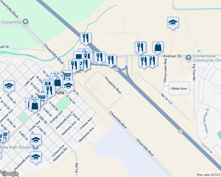 map of restaurants, bars, coffee shops, grocery stores, and more near 316 Prosperity Boulevard in Chowchilla