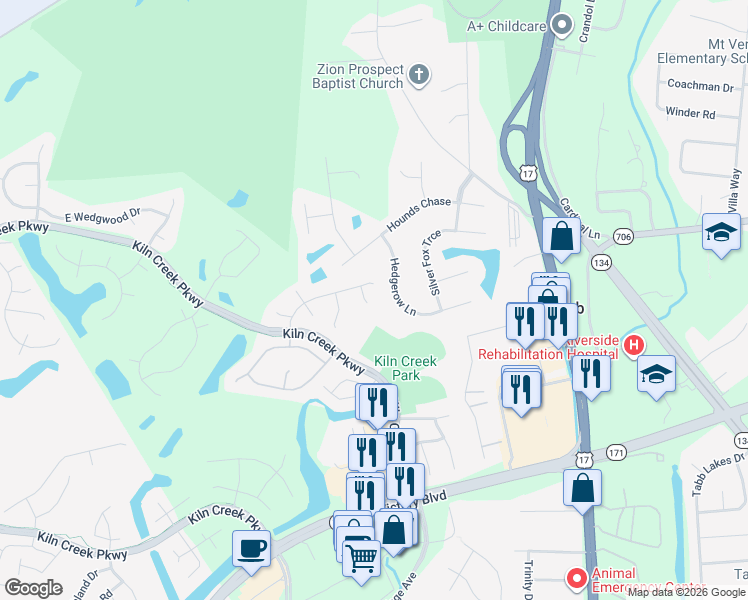 map of restaurants, bars, coffee shops, grocery stores, and more near 103 Seagrams Court in Yorktown
