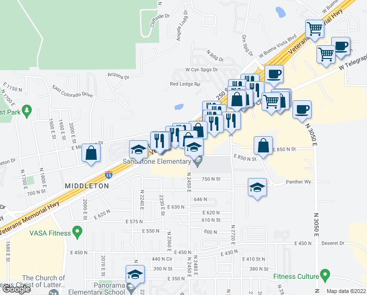 map of restaurants, bars, coffee shops, grocery stores, and more near 2376 Red Cliffs Drive in St. George