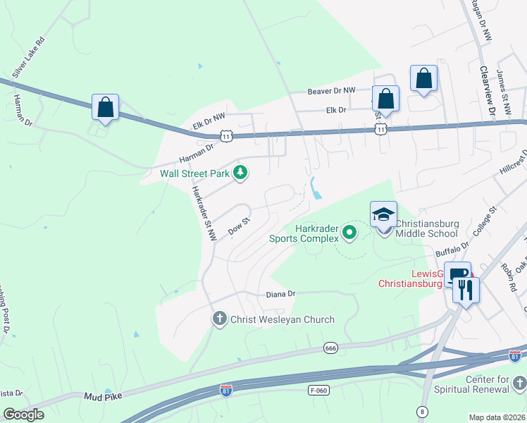 map of restaurants, bars, coffee shops, grocery stores, and more near 510 Keystone Drive in Christiansburg