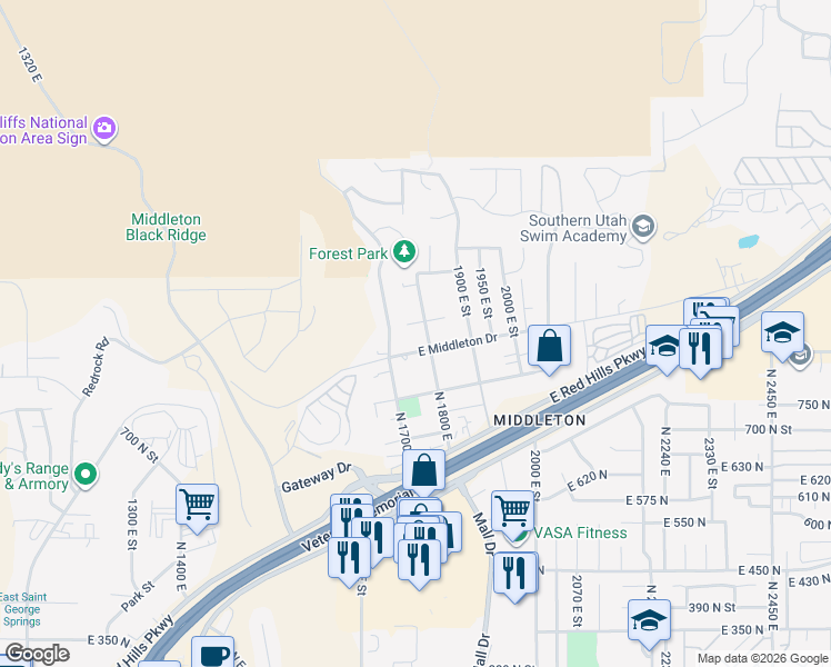 map of restaurants, bars, coffee shops, grocery stores, and more near 933 North 1800 East in St. George